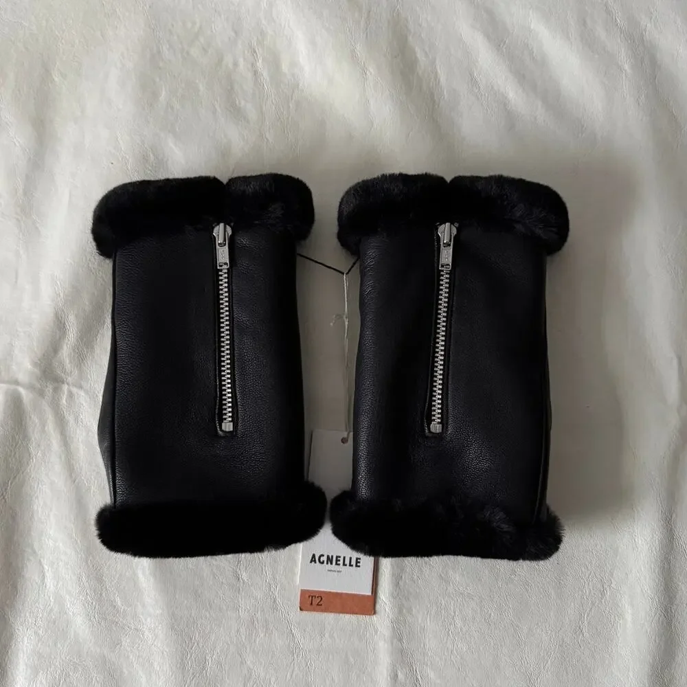New Agnelle Barbara Fingerless Gloves in Noir Leather Women's Size 2